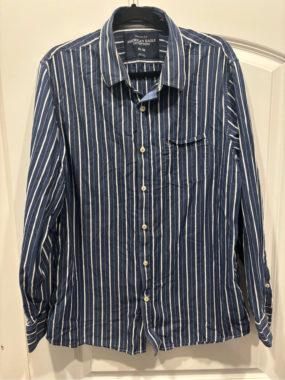 American Eagle Outfitters Navy and White Vertical Stripe Shirt